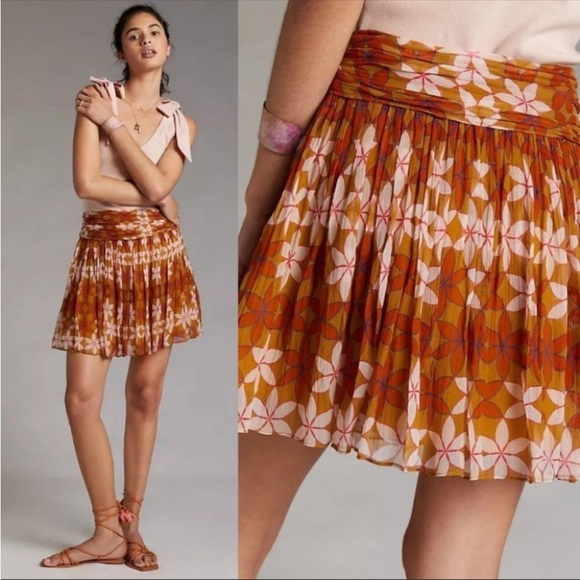Anthro Guapa Ruched Orange Floral Print Mini NWT - Picture 1 of 7